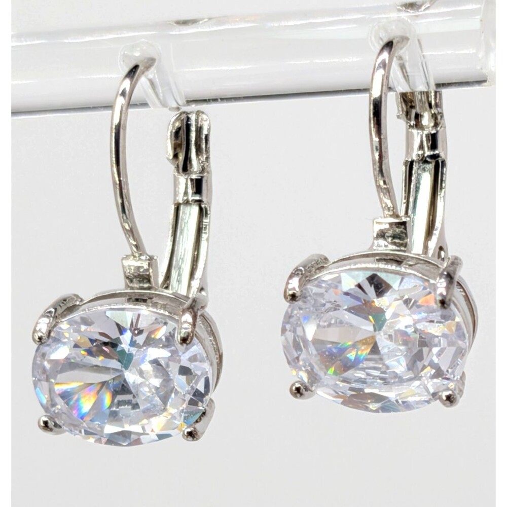 Silver Tone Oval Glass Leverback Earrings Clear Prong Set Dangle 9.9mm 4g Pair